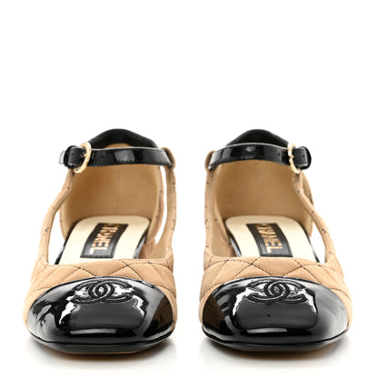 Chanel Suede Kidskin Patent Cap Toe Quilted Mary Jane Flats 37 Beige Black 2 of 9