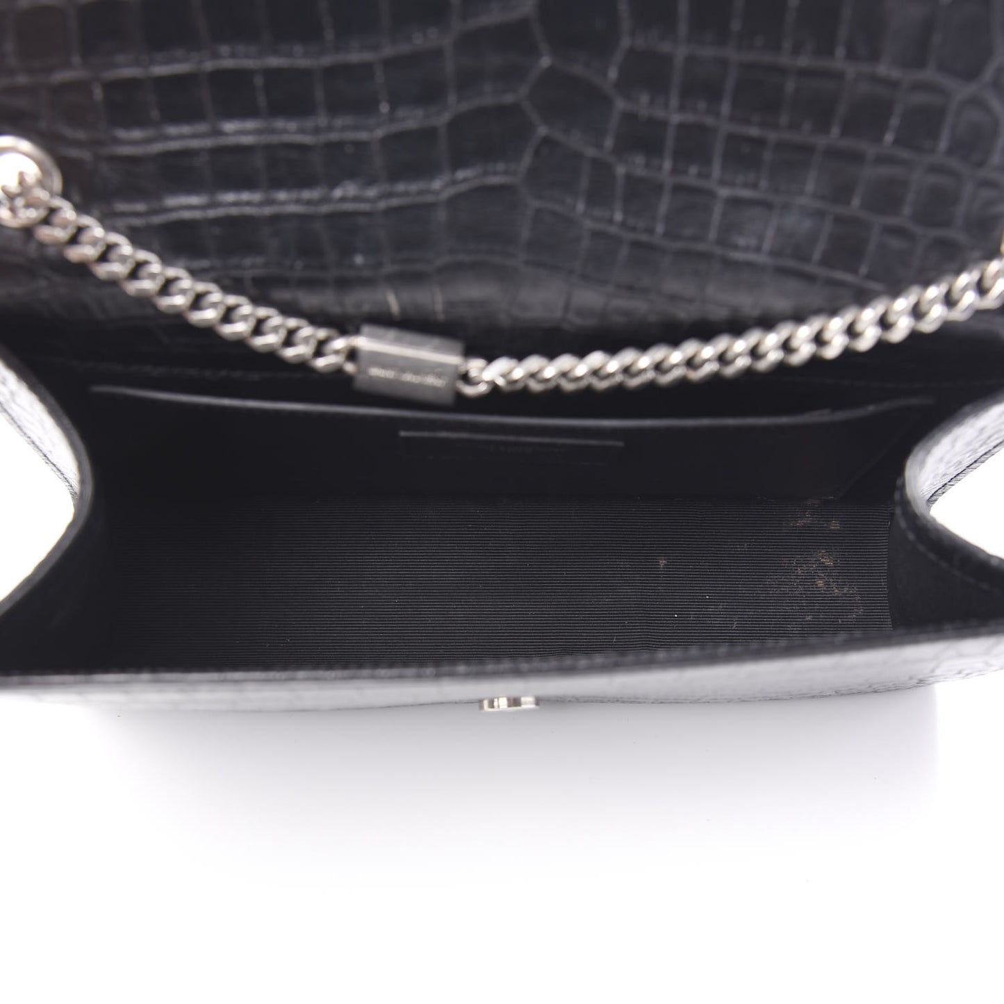 Calfskin Crocodile Embossed Medium Classic Monogram Kate Tassel Satchel Black