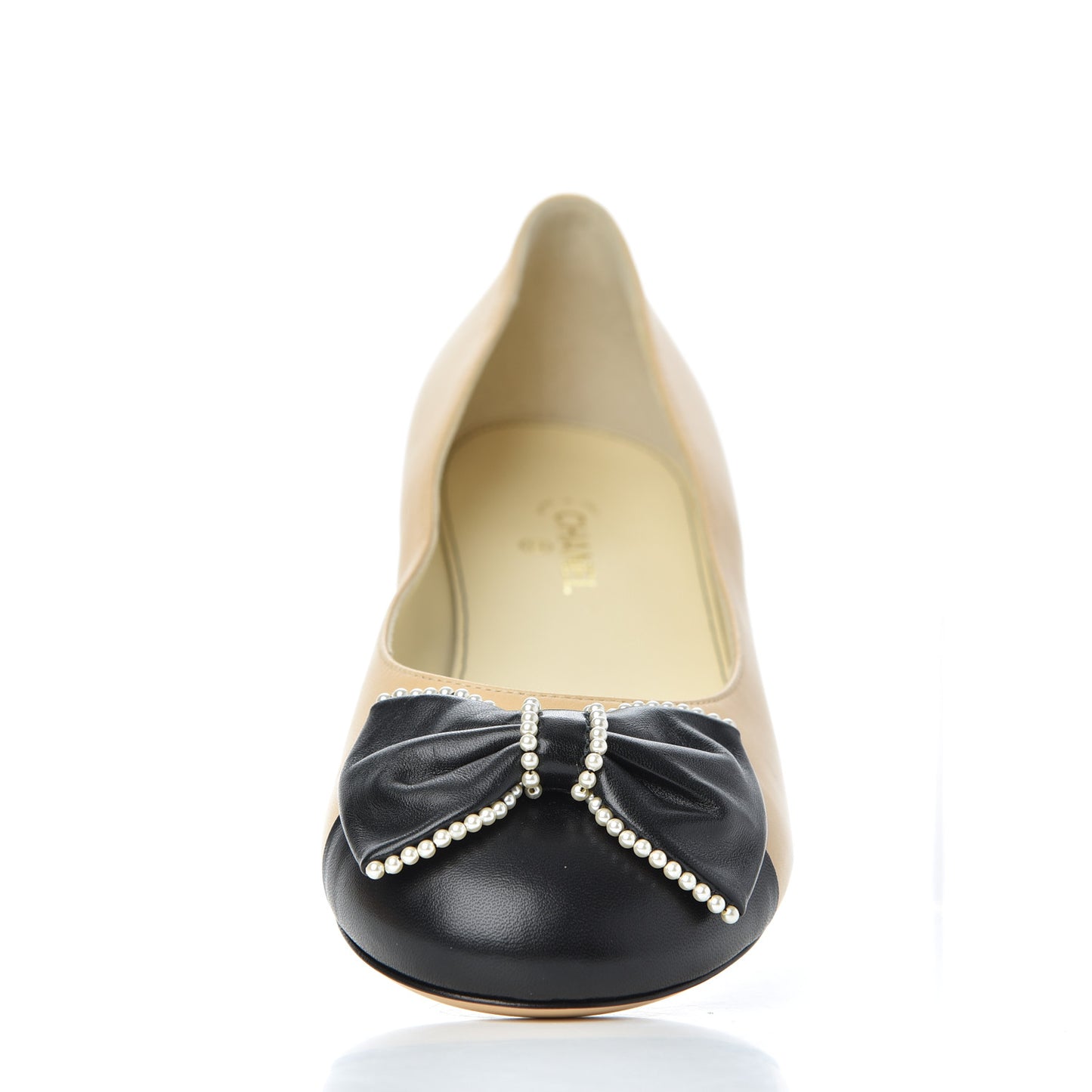 Lambskin Pearl Bow Ballerina Flats 40 Beige Black