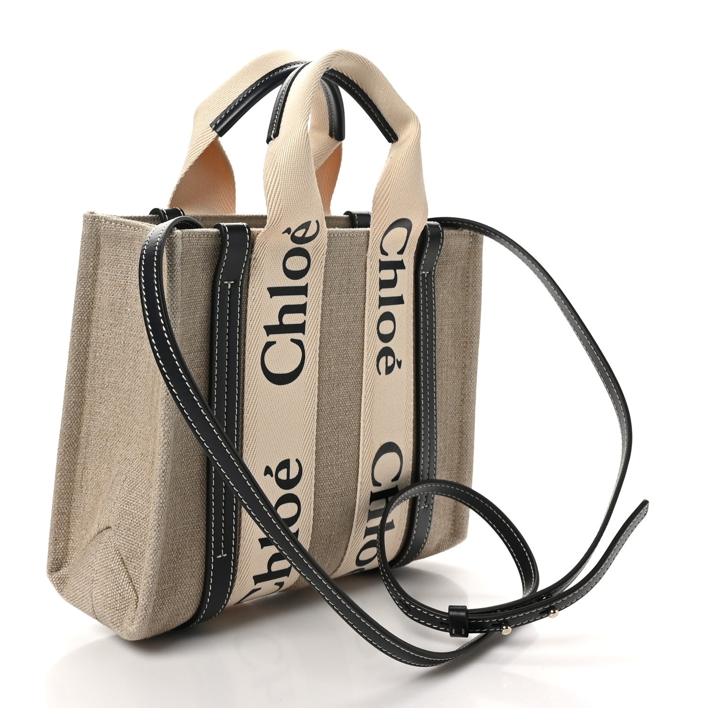 Linen Calfskin Small Woody Ribbon Tote With Strap White Navy