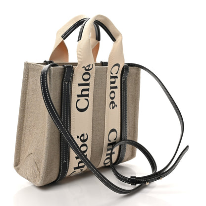 Chloe Linen Calfskin Small Woody Ribbon Tote With Strap White Navy 3 of 9