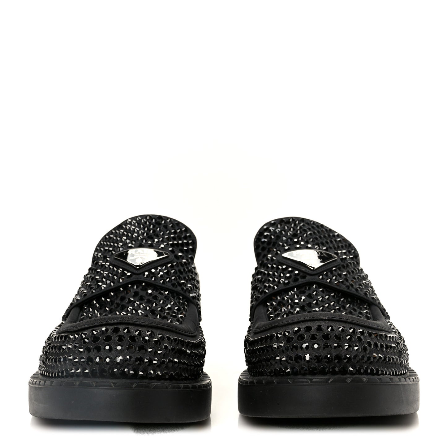 Satin Crystal Metal Triangle Logo Mens Loafers  8.5 Black