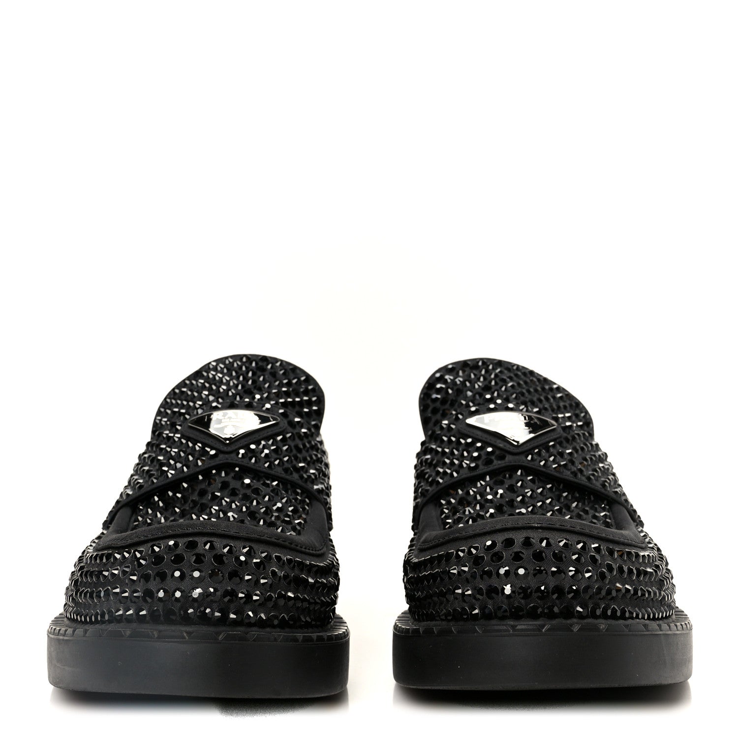 Prada Satin Crystal Metal Triangle Logo Mens Loafers  8.5 Black 3 of 12