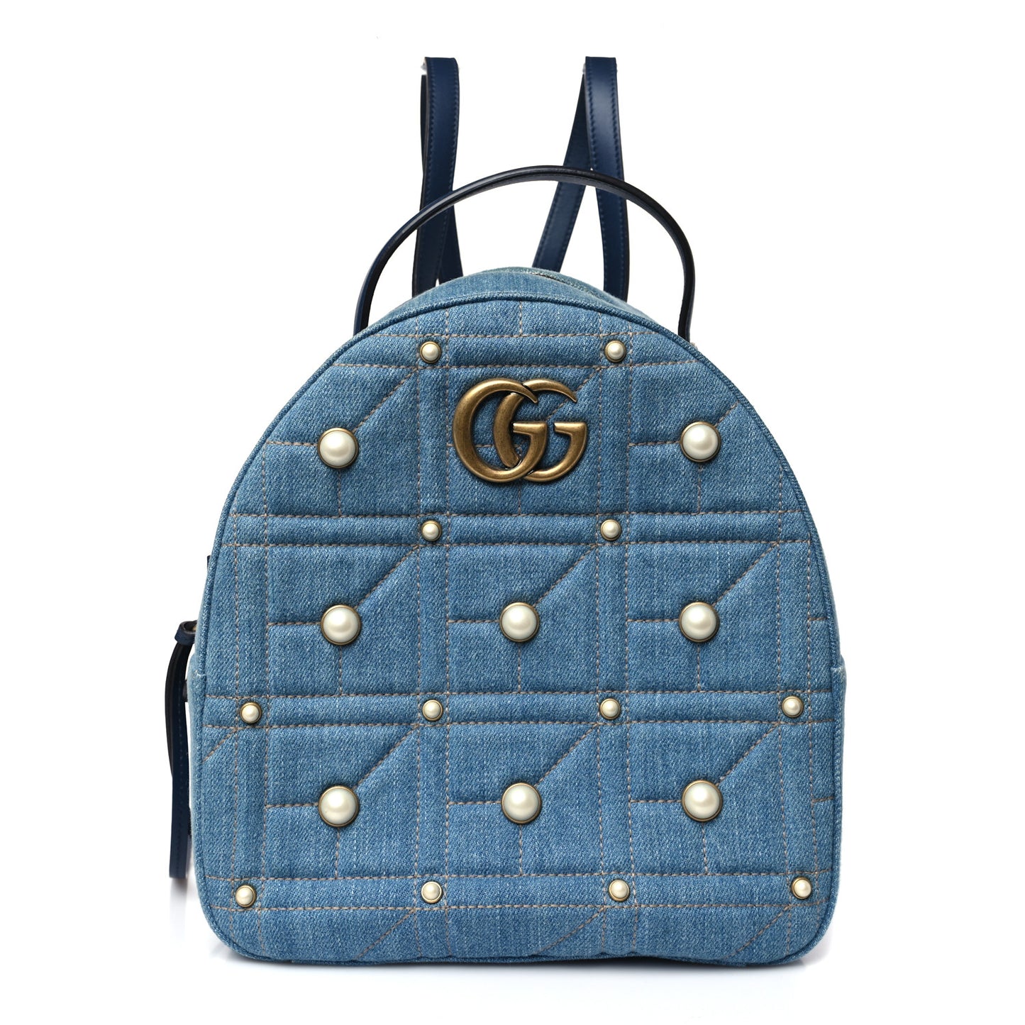 Kura Denim Matelasse Cubic Pearl Studded GG Marmont Dome Backpack Blue