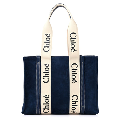 Chloe Suede Calfskin Medium Woody Ribbon Tote Navy 1 of 9