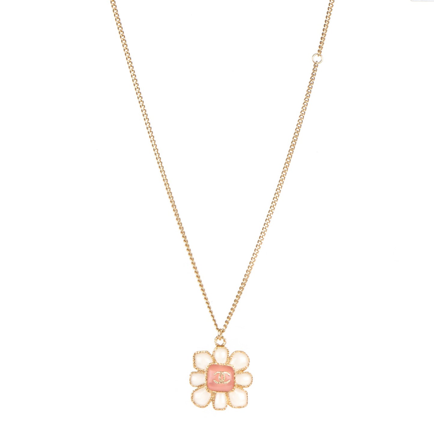 Gripoix Poured Glass CC Korean Blossom Pendant Necklace Pink Gold