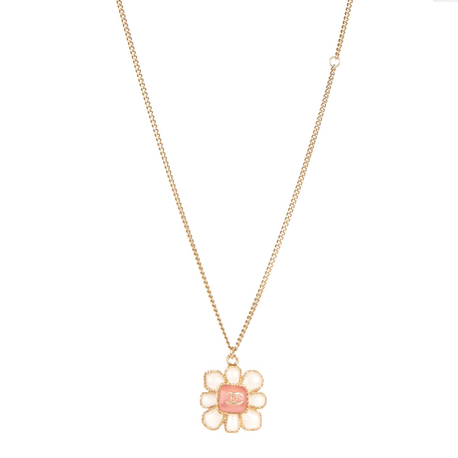 Chanel Gripoix Poured Glass CC Korean Blossom Pendant Necklace Pink Gold 1 of 5