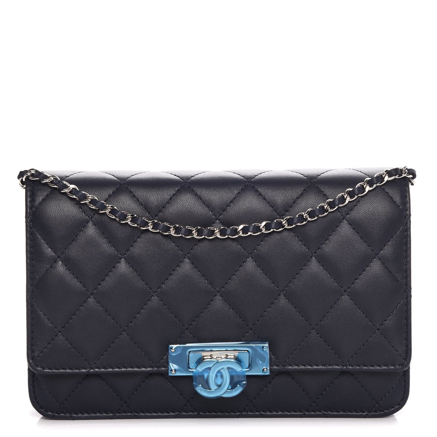 Lambskin Quilted Golden Class Wallet on Chain WOC Navy