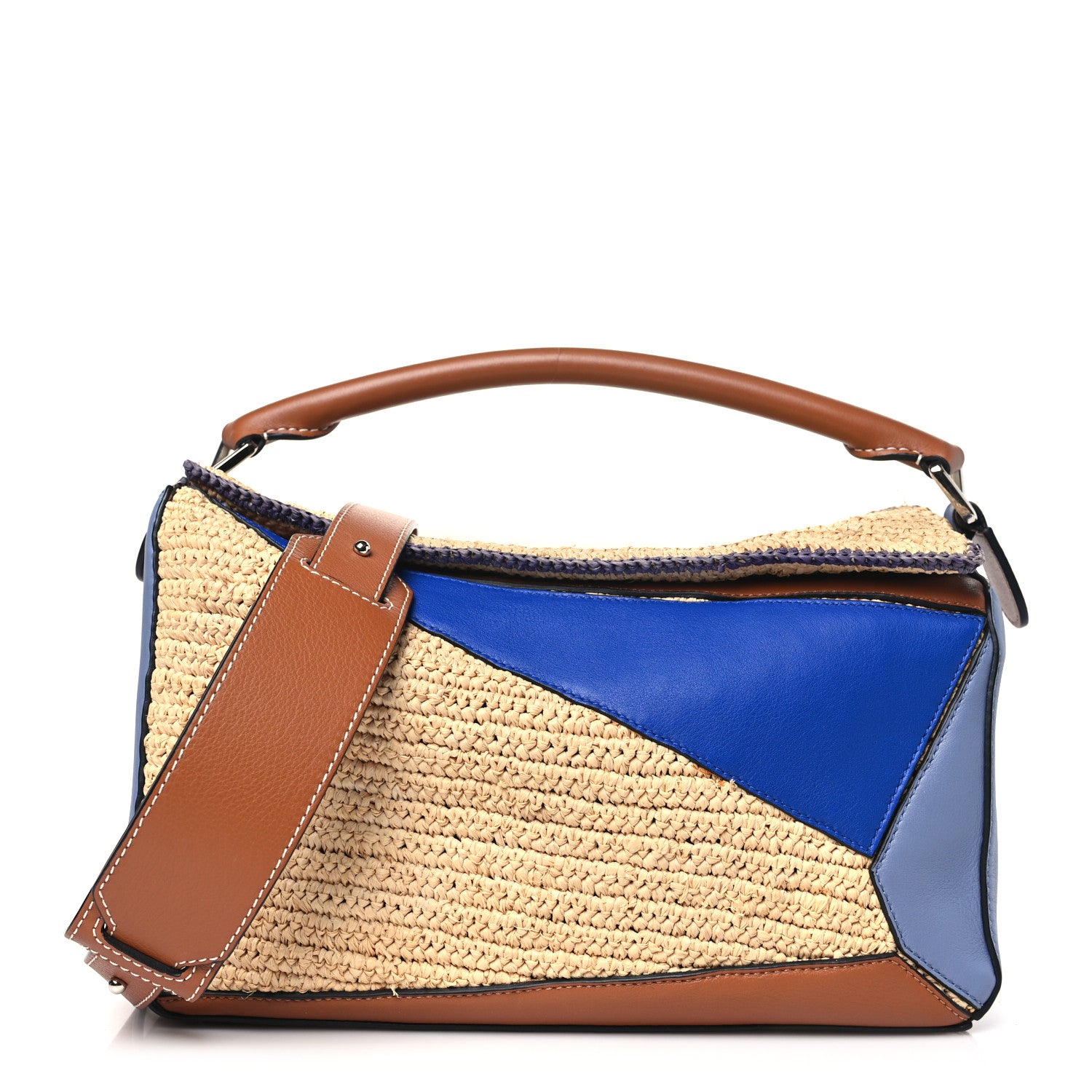 Loewe Calfskin Raffia Paula's Ibiza Medium Puzzle Bag Blue Tan 1 of 12
