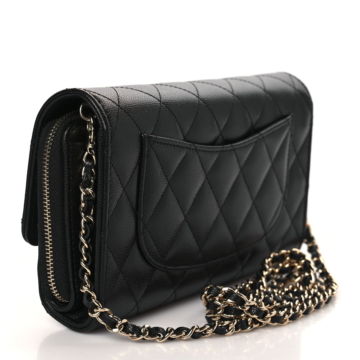 Caviar Quilted Phone Holder Wallet on Removable Chain Black