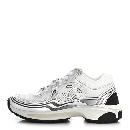 Chanel Fabric Laminated Calfskin Stretch CC Sneakers 37 White Silver 1 of 9