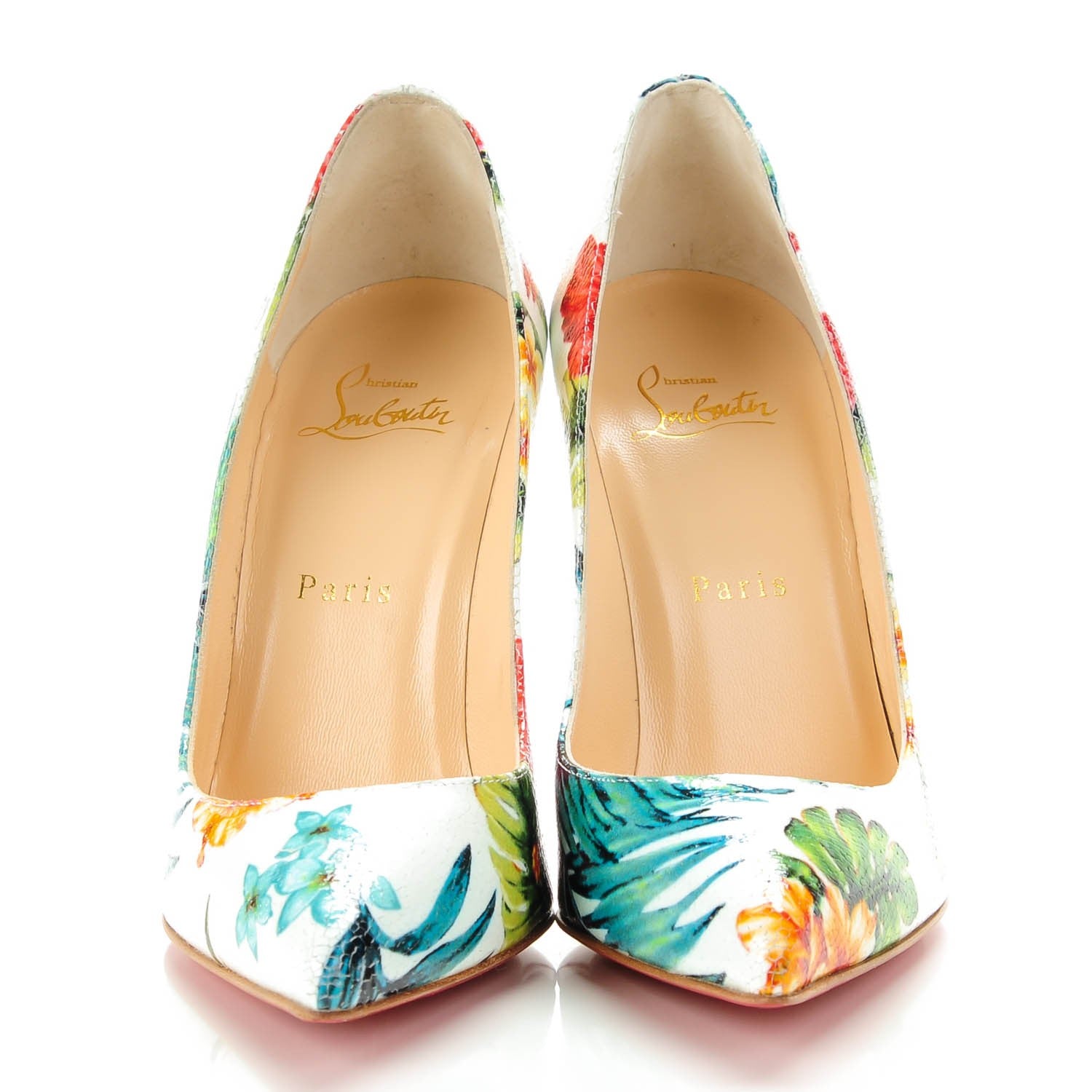 Christian Louboutin Crackled Calfskin Hawaiian Print Pigalle Follies 100 Pumps 37.5 White 2 of 7
