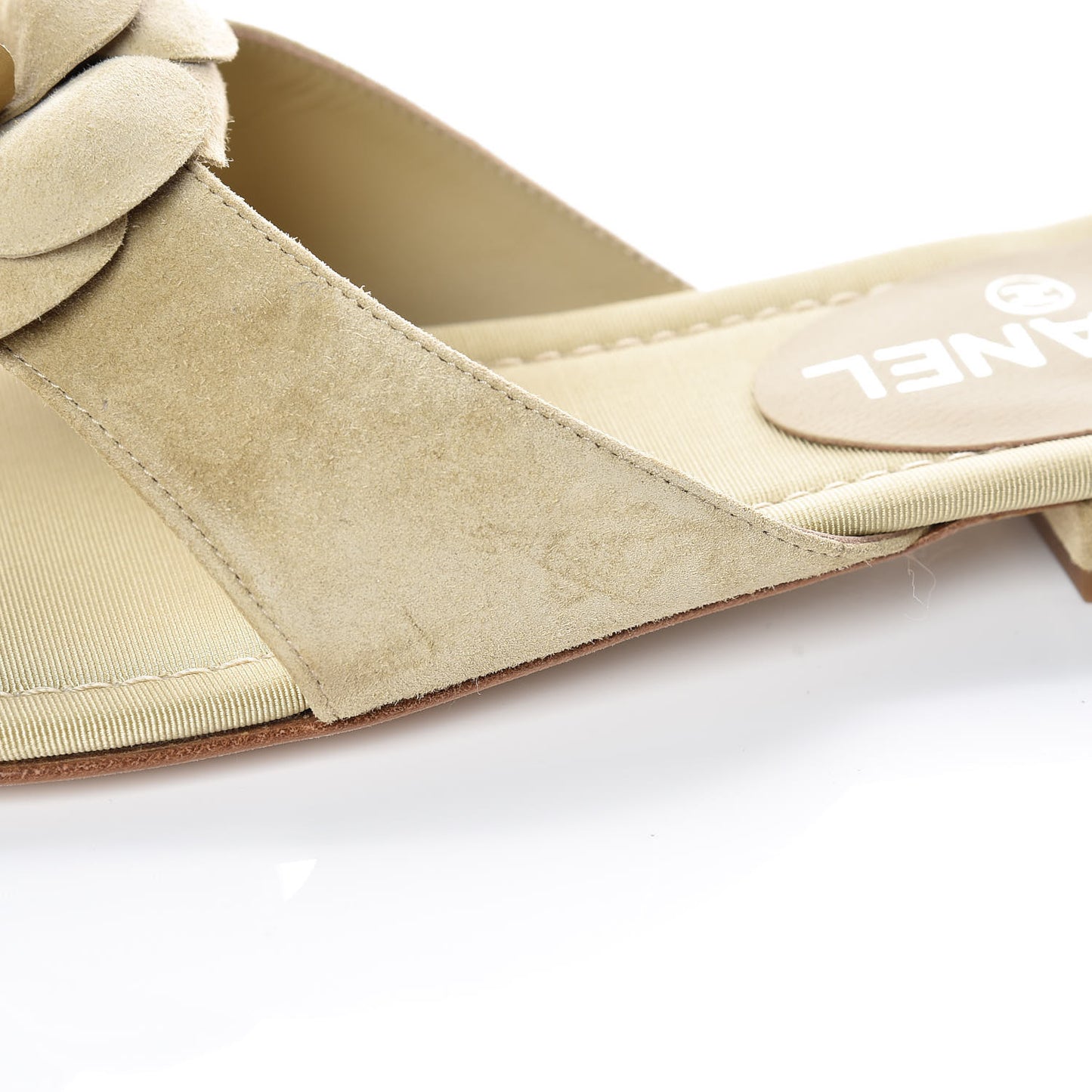 Suede Calfskin Camellia Thong Sandals 37.5 Beige