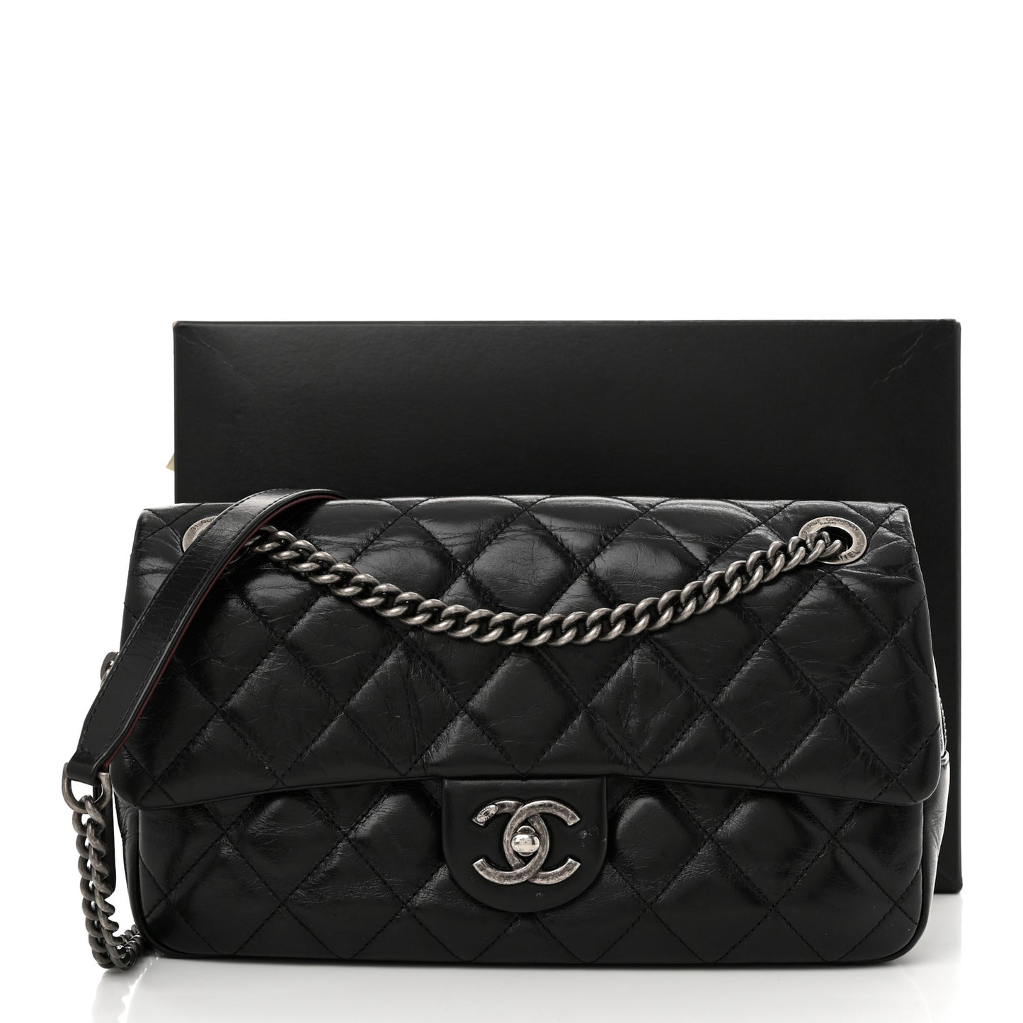 Glazed Calfskin Quilted Medium Duo Color Flap Black