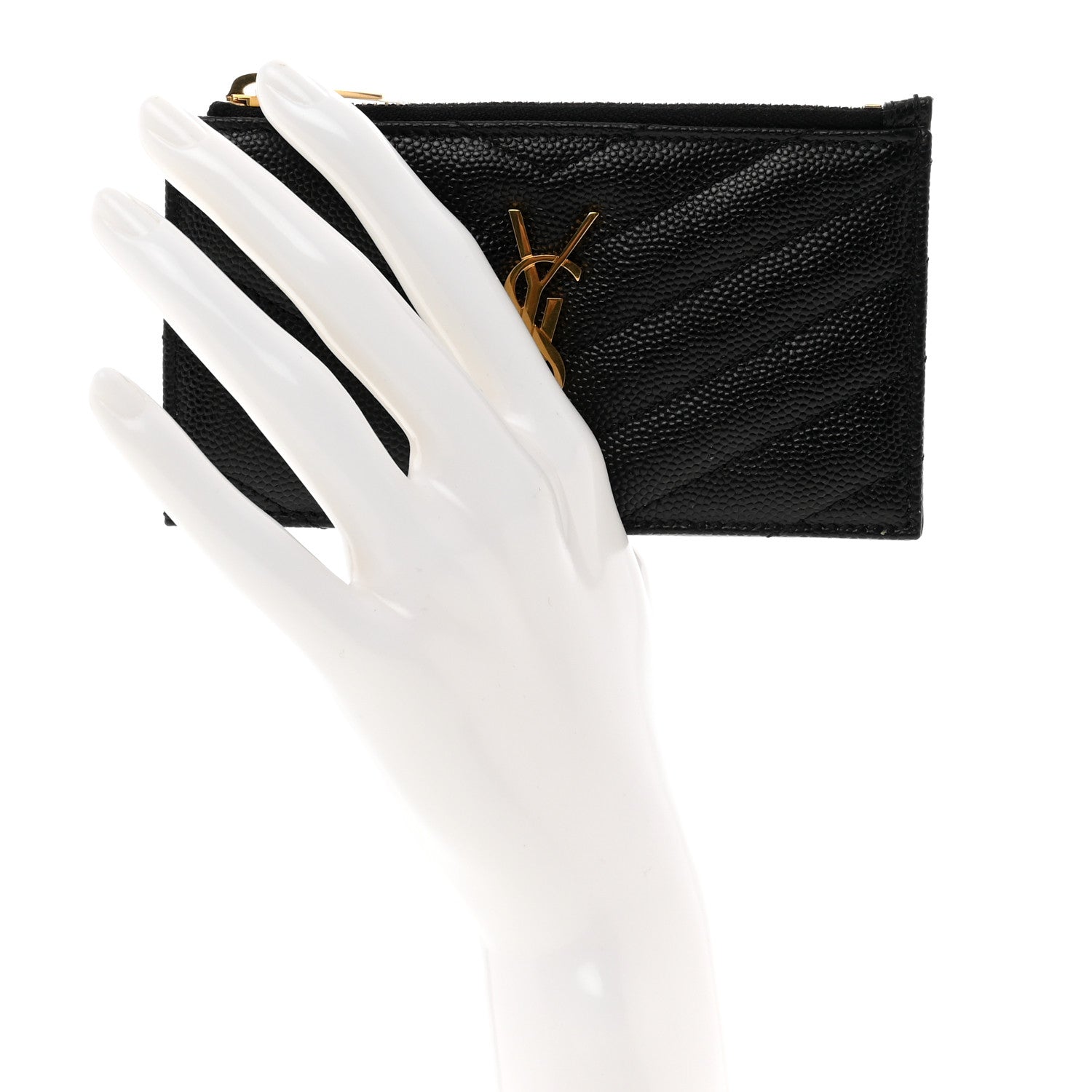 Saint Laurent Grain De Poudre Matelasse Chevron Monogram Fragments Zippered Card Case Black 2 of 8
