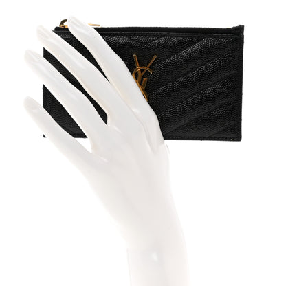 Saint Laurent Grain De Poudre Matelasse Chevron Monogram Fragments Zippered Card Case Black 2 of 8