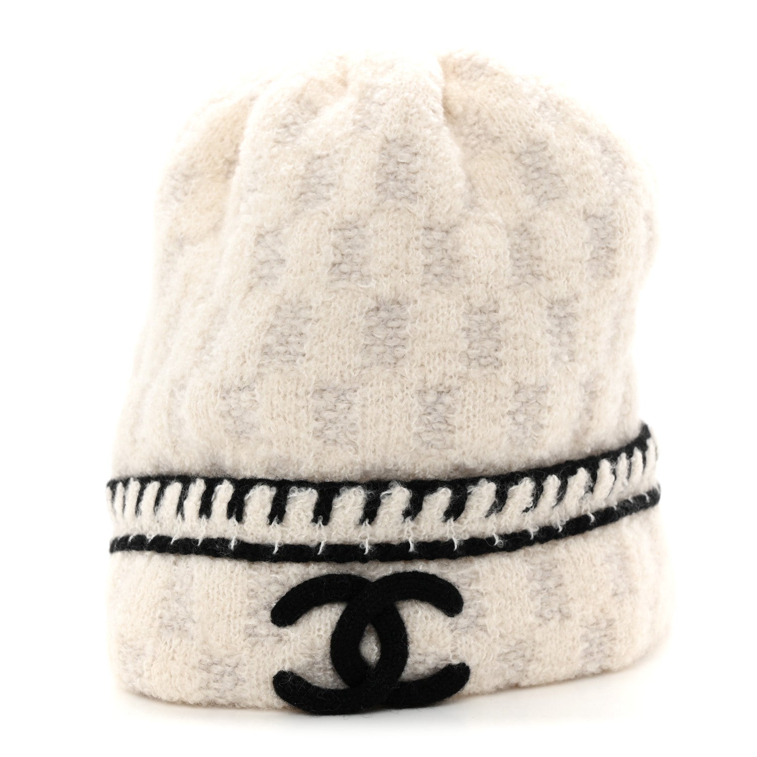 Chanel Cashmere Wool Silk CC Beanie Hat White Grey Black 1 of 8