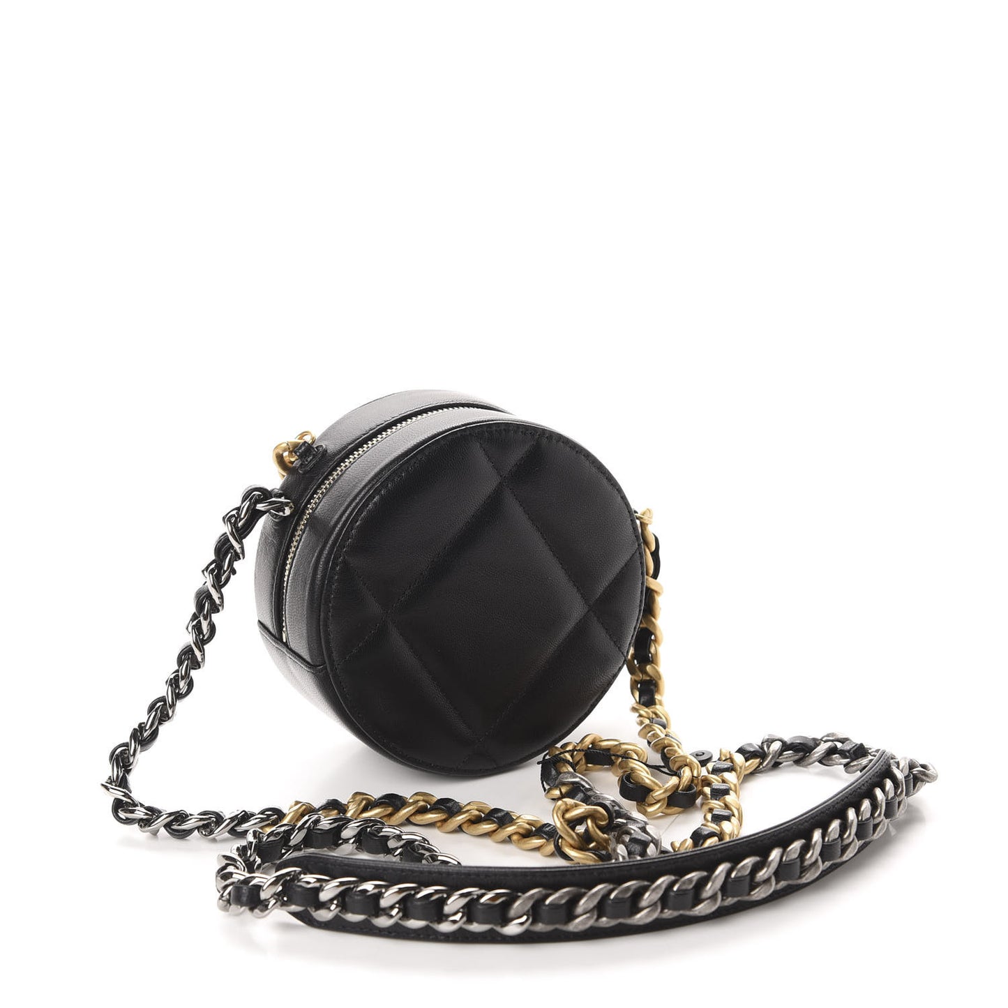 Shiny Goatskin Quilted 19 Round Clutch With Chain Black
