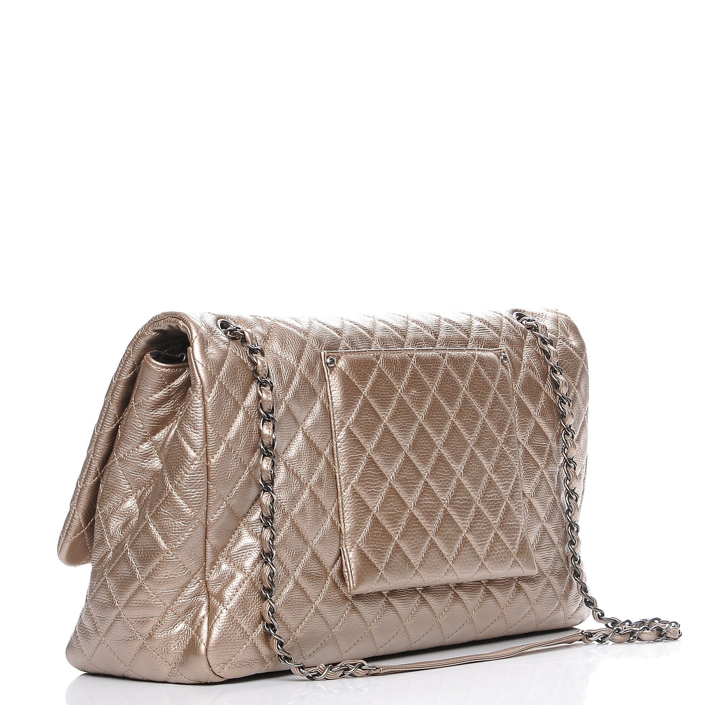 Metallic Calfskin Quilted XXL Travel Flap Bag Gold