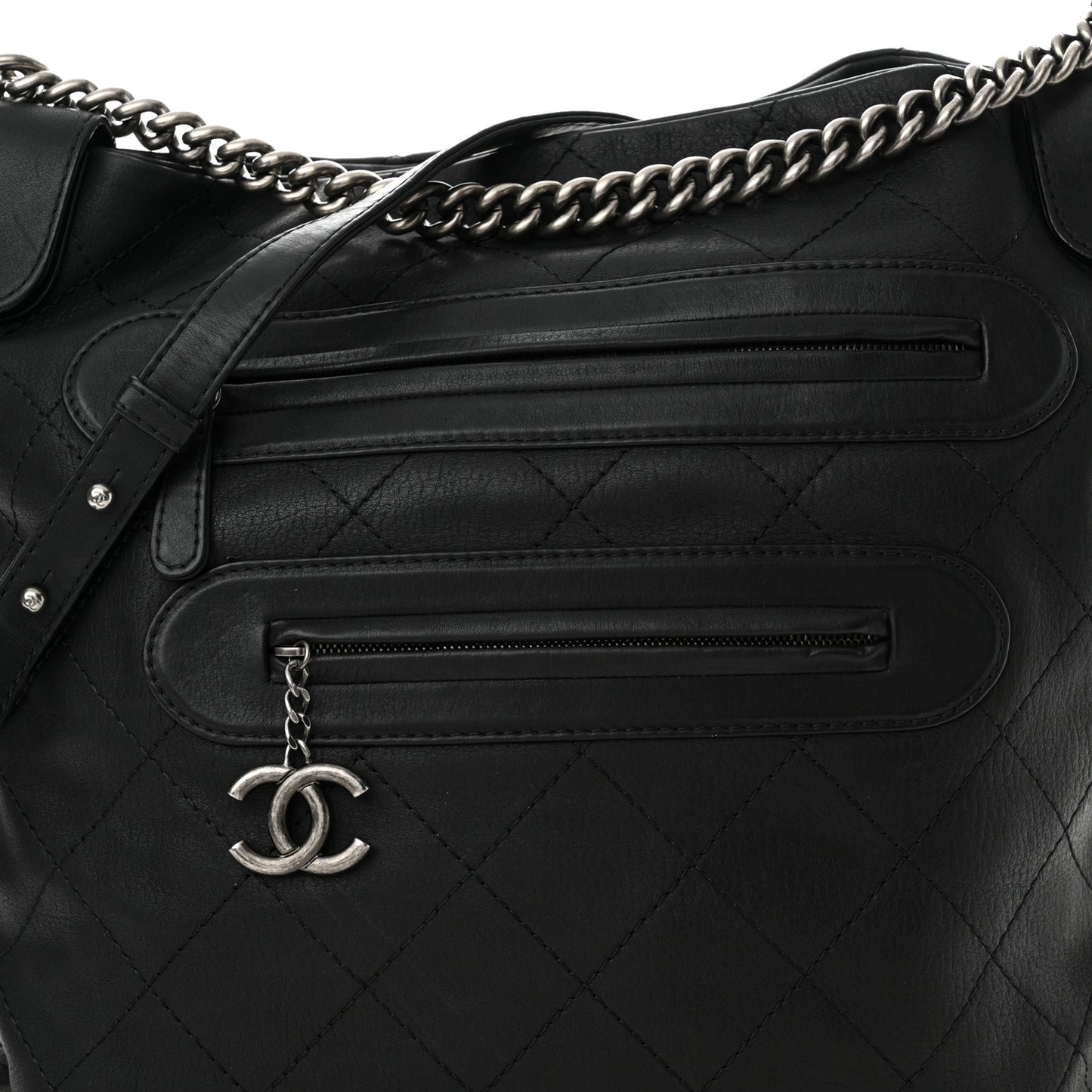 Calfskin Stitched Double Zip Hobo Black