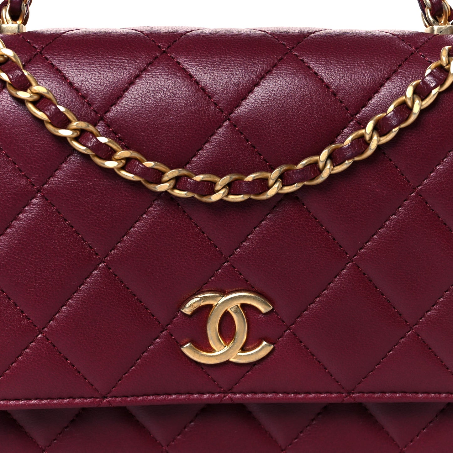 Lambskin Quilted Top Handle Wallet On Chain WOC  Burgundy