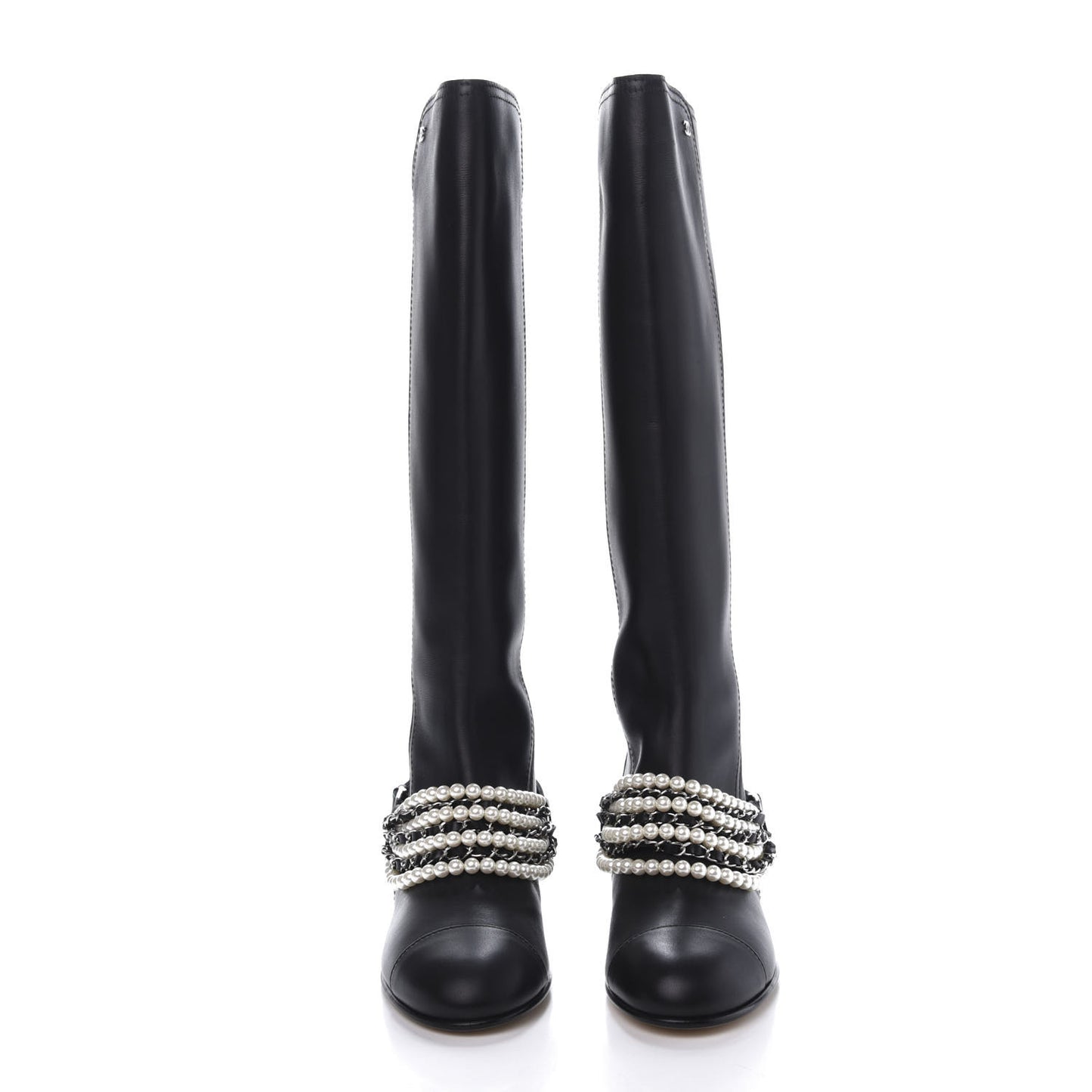 Calfskin Pearl Cap Toe High Boots 39 Black