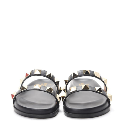 Valentino Garavani Pebbled Calfskin Macro Rockstud Lock Slide Sandals 39 Black 2 of 9