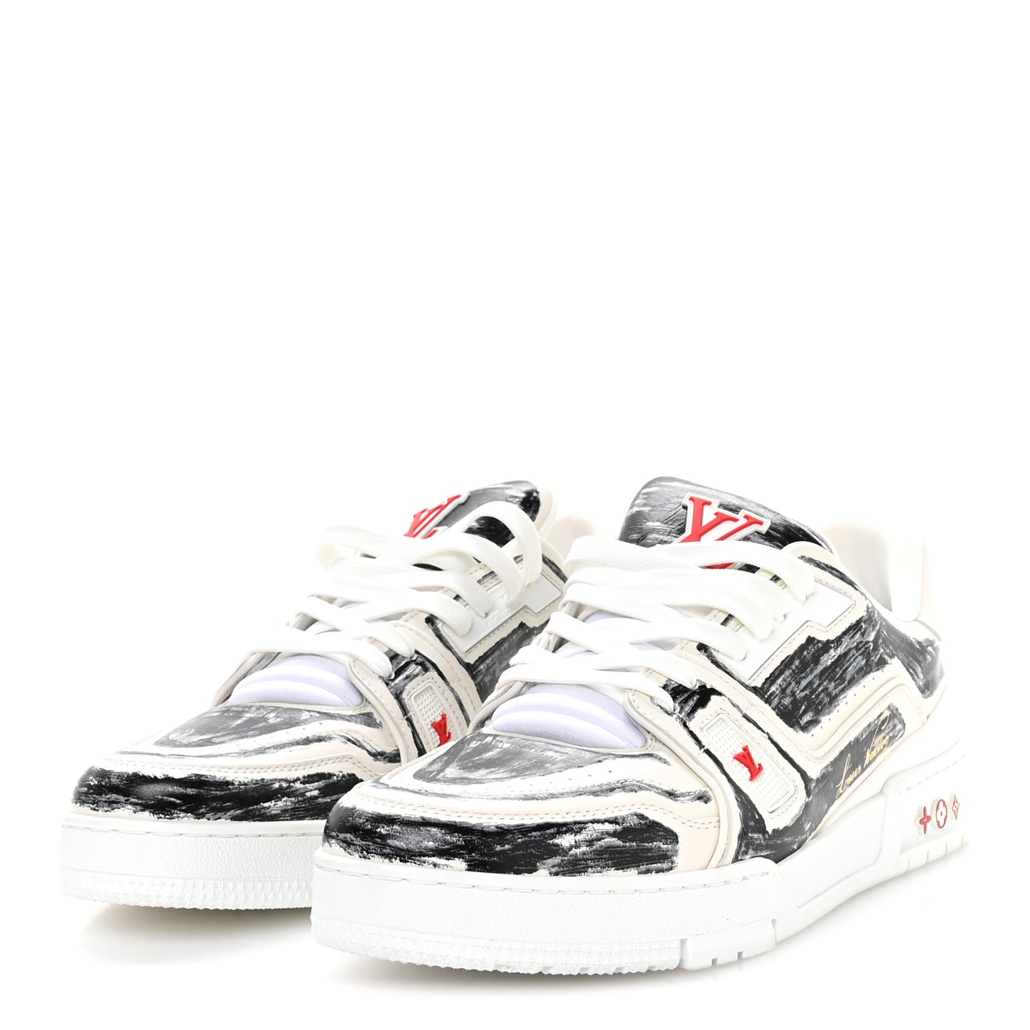 Calfskin Printed Mens LV Trainer Sneakers 10 White Black