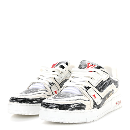Louis Vuitton Calfskin Printed Mens LV Trainer Sneakers 10 White Black 4 of 8