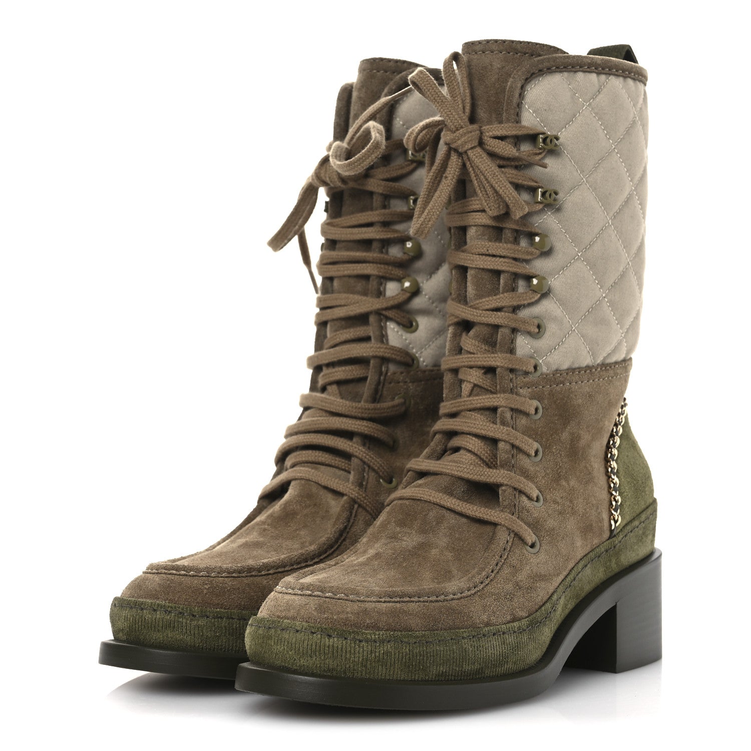 Chanel Suede Calfskin Cotton Quilted CC Chain Combat Boots 39 Light Grey Brown Khaki 4 of 12