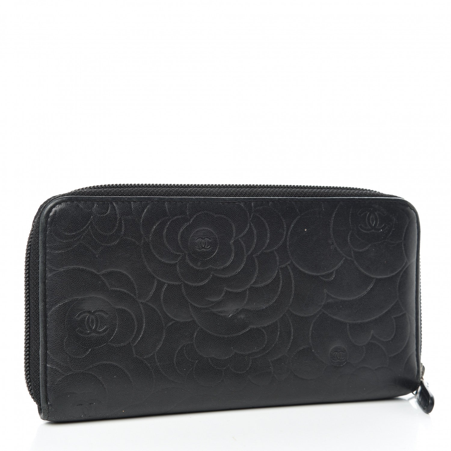 Chanel Lambskin Camellia Embossed Large Zip Around Gusset Wallet Black 3 of 11