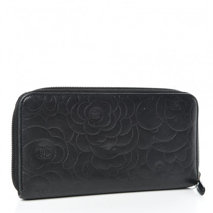Chanel Lambskin Camellia Embossed Large Zip Around Gusset Wallet Black 3 of 11