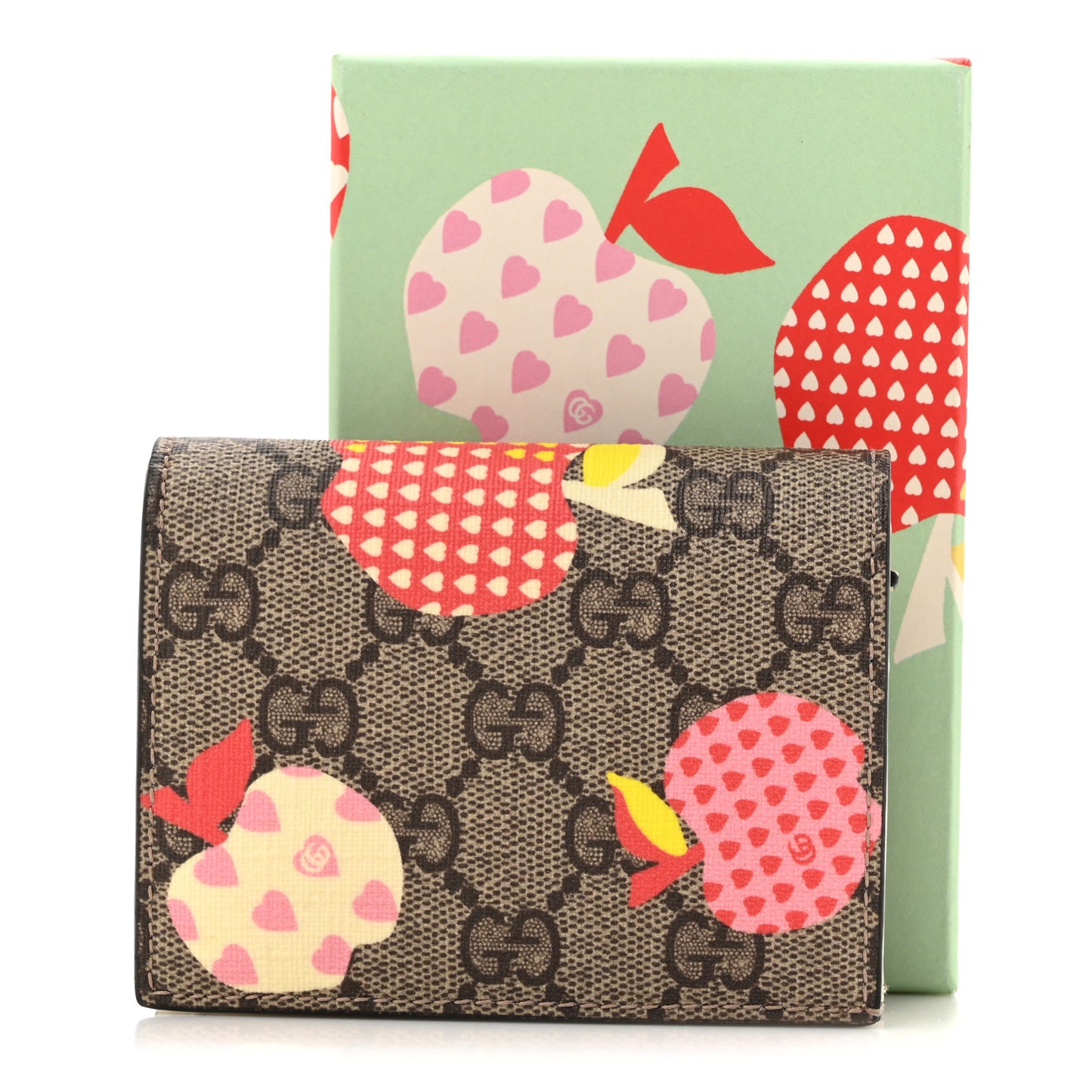 GG Supreme Monogram Les Pommes Card Case Wallet Beige Multicolor Mystic White