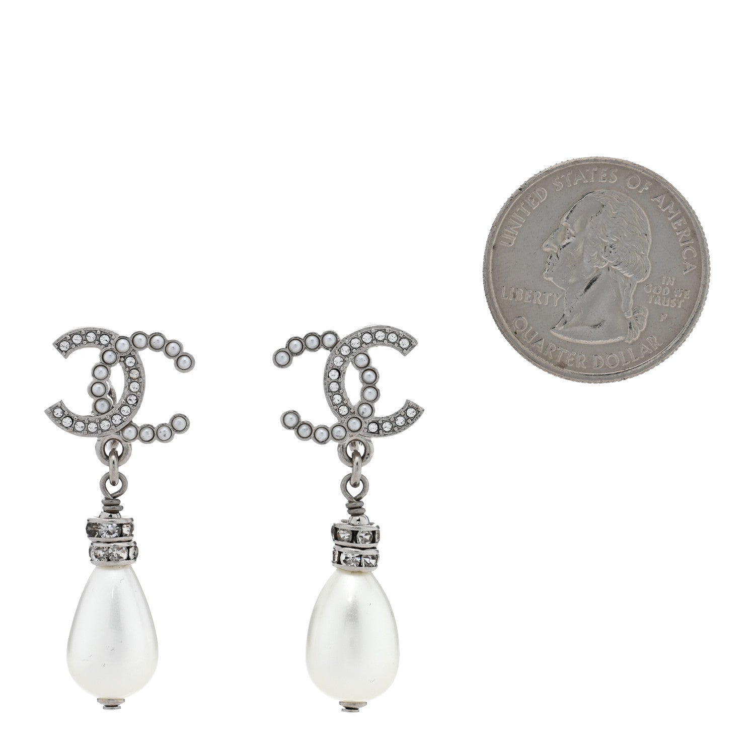 Chanel Pearl Crystal CC Drop Clip On Earrings Silver Pearly White 2 of 5
