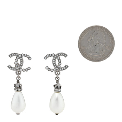 Chanel Pearl Crystal CC Drop Clip On Earrings Silver Pearly White 2 of 5