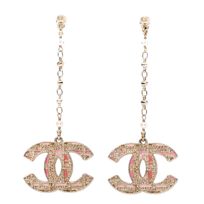 Chanel Pearl Crystal CC Tweed Drop Earrings Gold Pink Pearly White 1 of 4