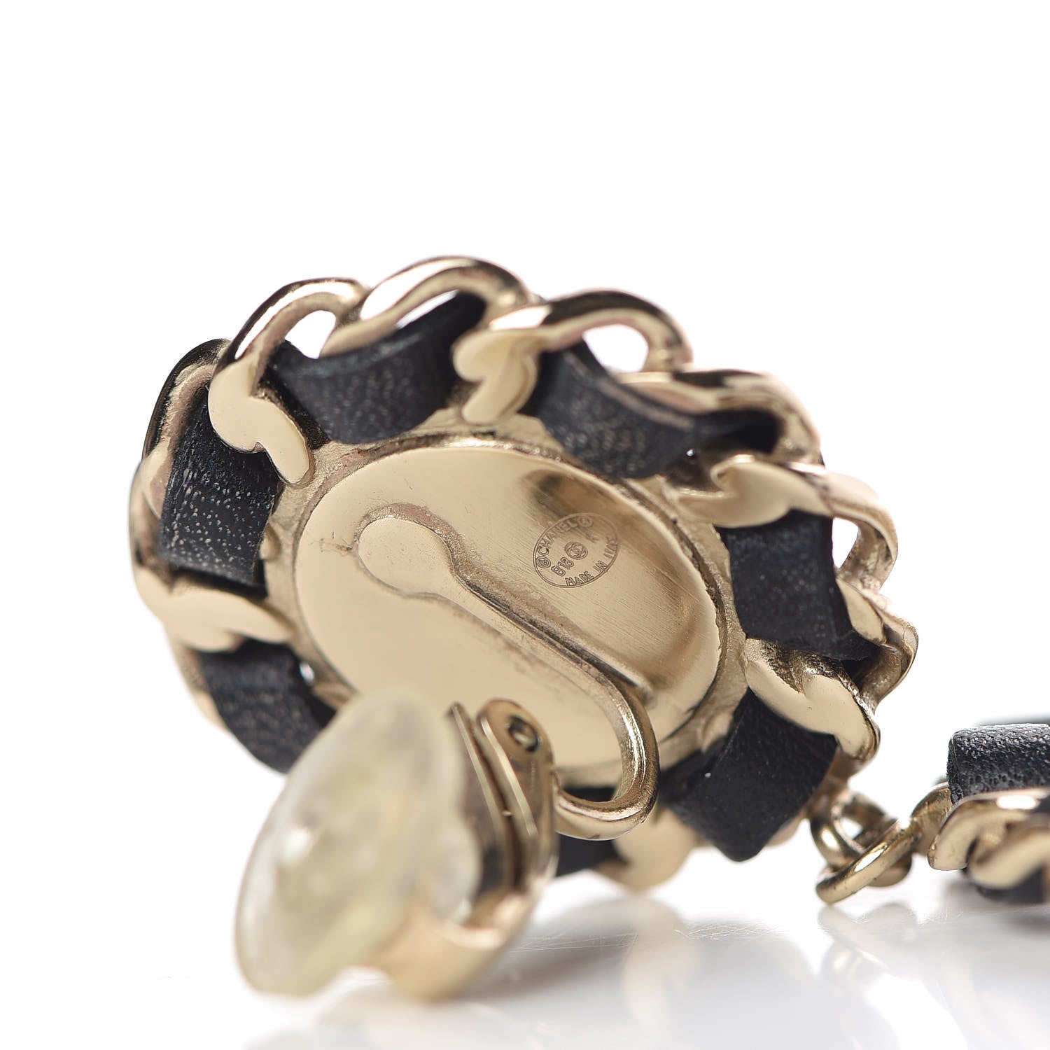 Chanel Pearl Lambskin Chain Logo Hoop Clip On Earrings Black Gold 4 of 7