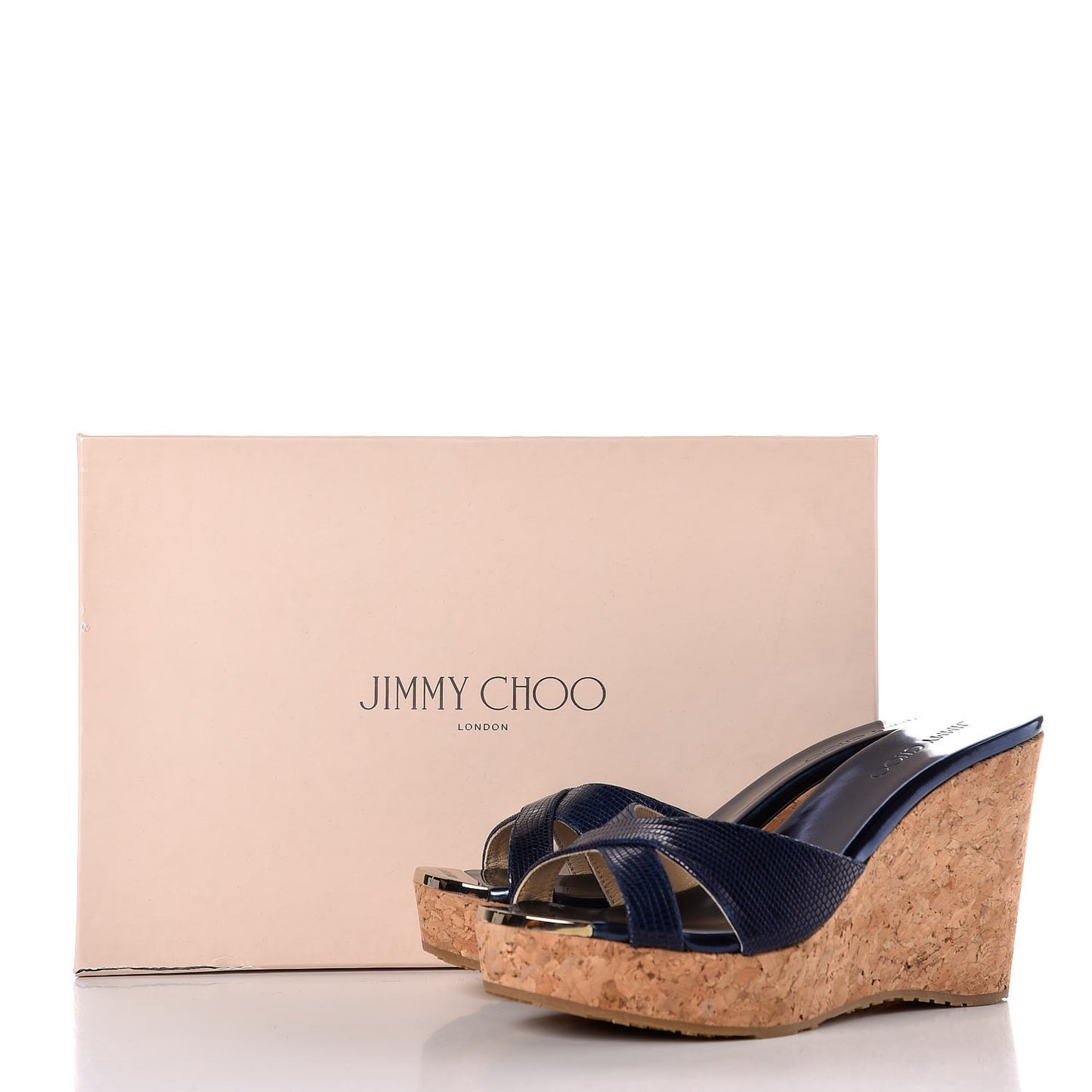 Snake Print Calfskin Embossed Cork Pandora Wedges 35.5 Navy
