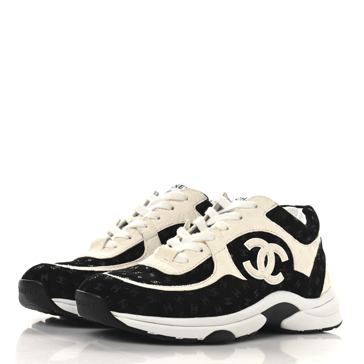Chanel Nylon Suede Calfskin Printed CC Sneakers 36.5 White Black 4 of 8