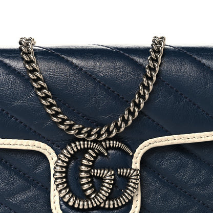Gucci Vintage Effect Calfskin Matelasse Diagonal Super Mini Torchon GG Marmont Shoulder Bag Blue Agata Mystic White 8 of 11