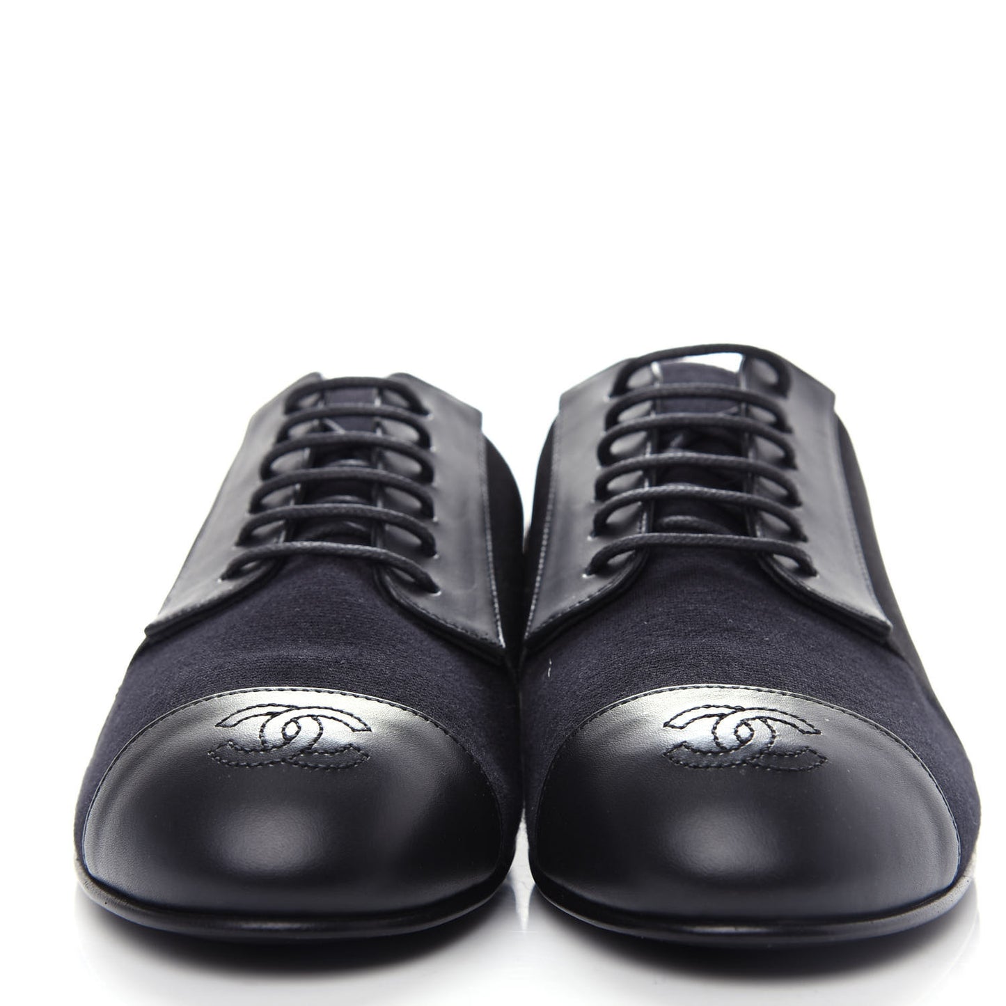 Calfskin Elastic Lace Up Cap Toe CC Loafers 36 Black
