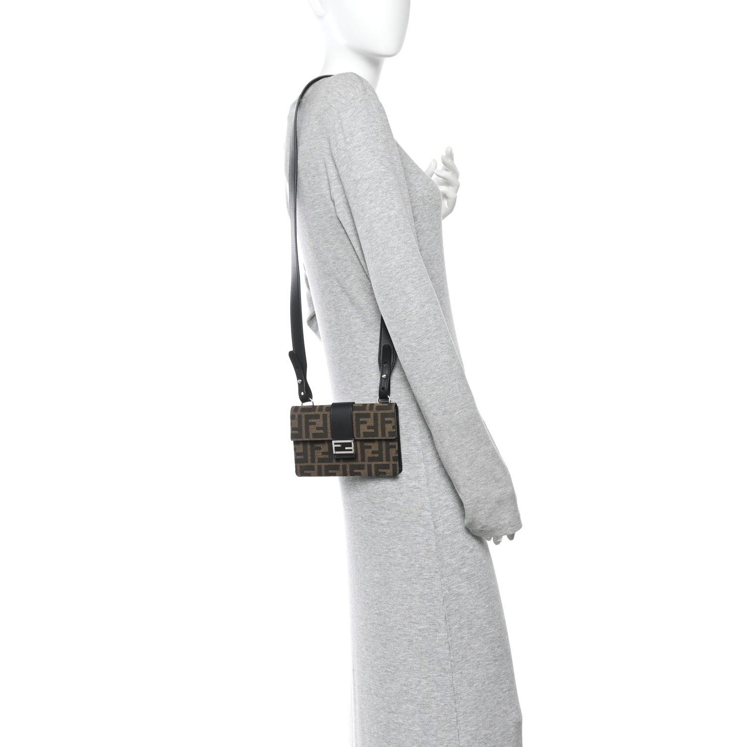 Fendi Recycled Fabric Jacquard Vitello Grace FF 1974 Baguette Belt Pouch Tobacco Moro Black 2 of 13
