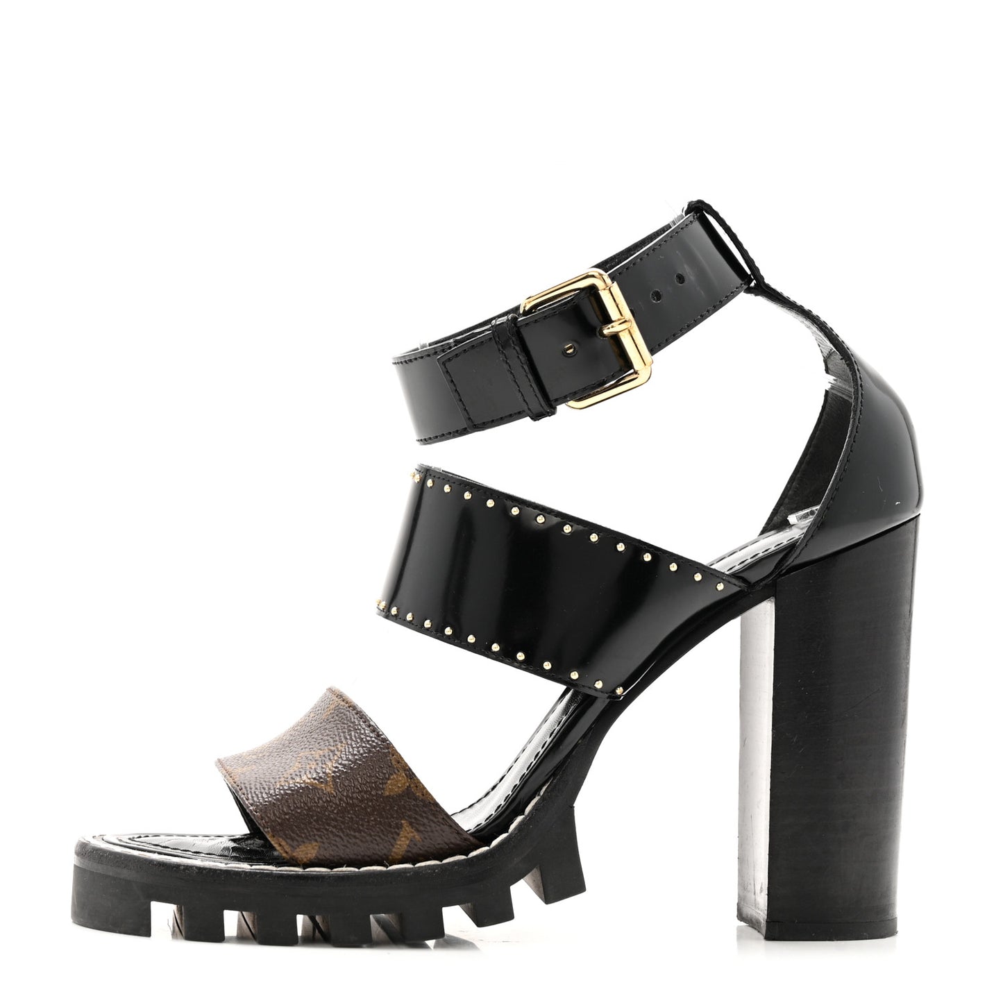 Patent Calfskin Monogram Studded Star Trail Sandal 40 Black