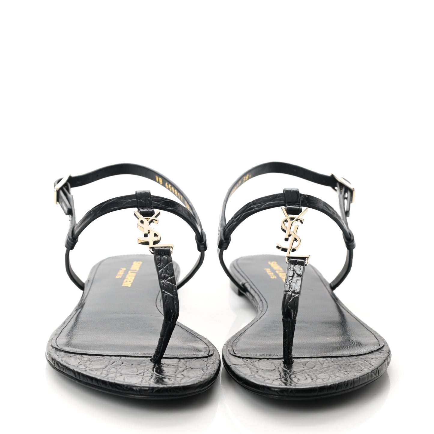 Calfskin Crocodile Embossed Cassandra Monogram Sandals 38.5 Black