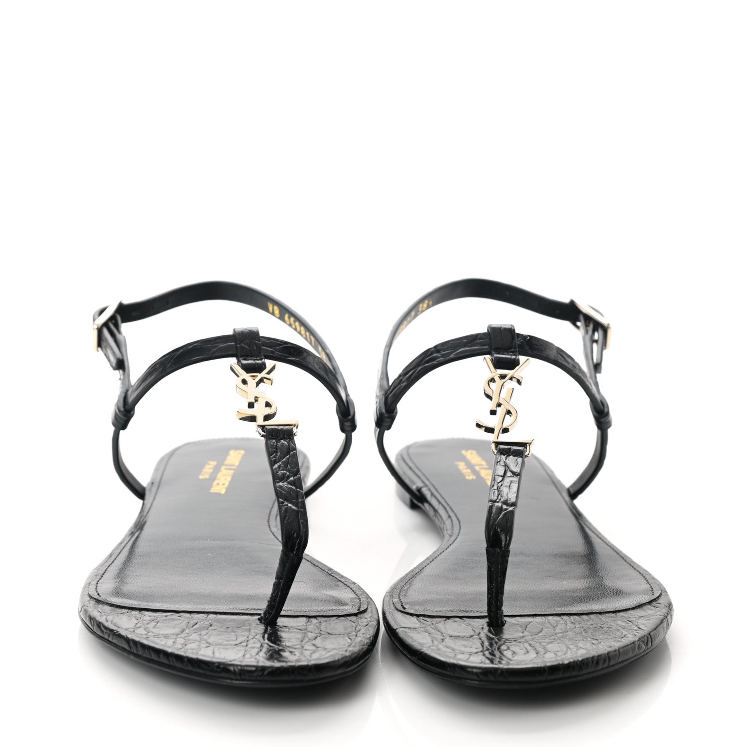 Saint Laurent Calfskin Crocodile Embossed Cassandra Monogram Sandals 38.5 Black 2 of 9