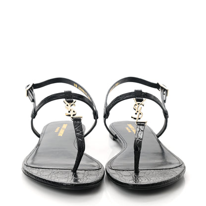 Saint Laurent Calfskin Crocodile Embossed Cassandra Monogram Sandals 38.5 Black 2 of 9