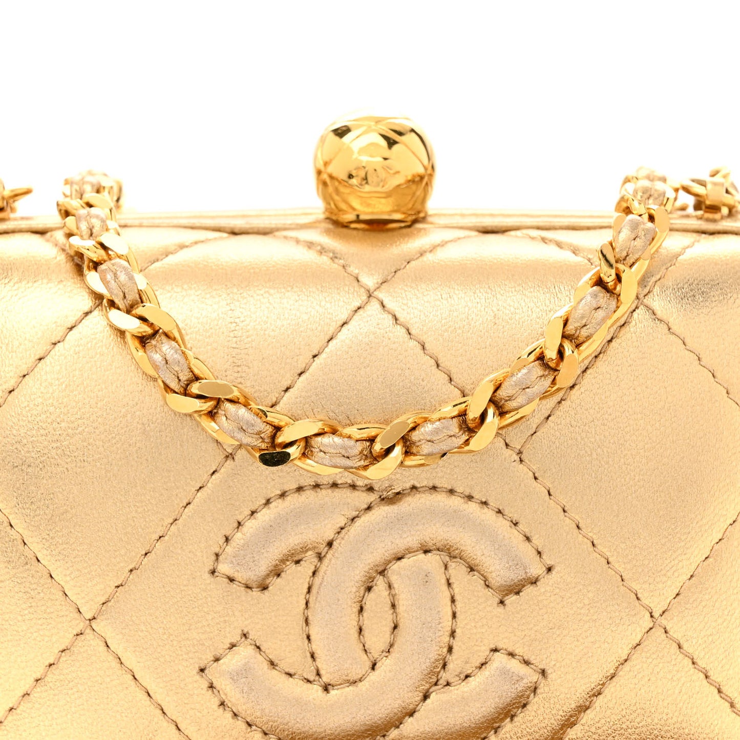 Metallic Lambskin Quilted CC Kiss Lock Evening Clutch Gold