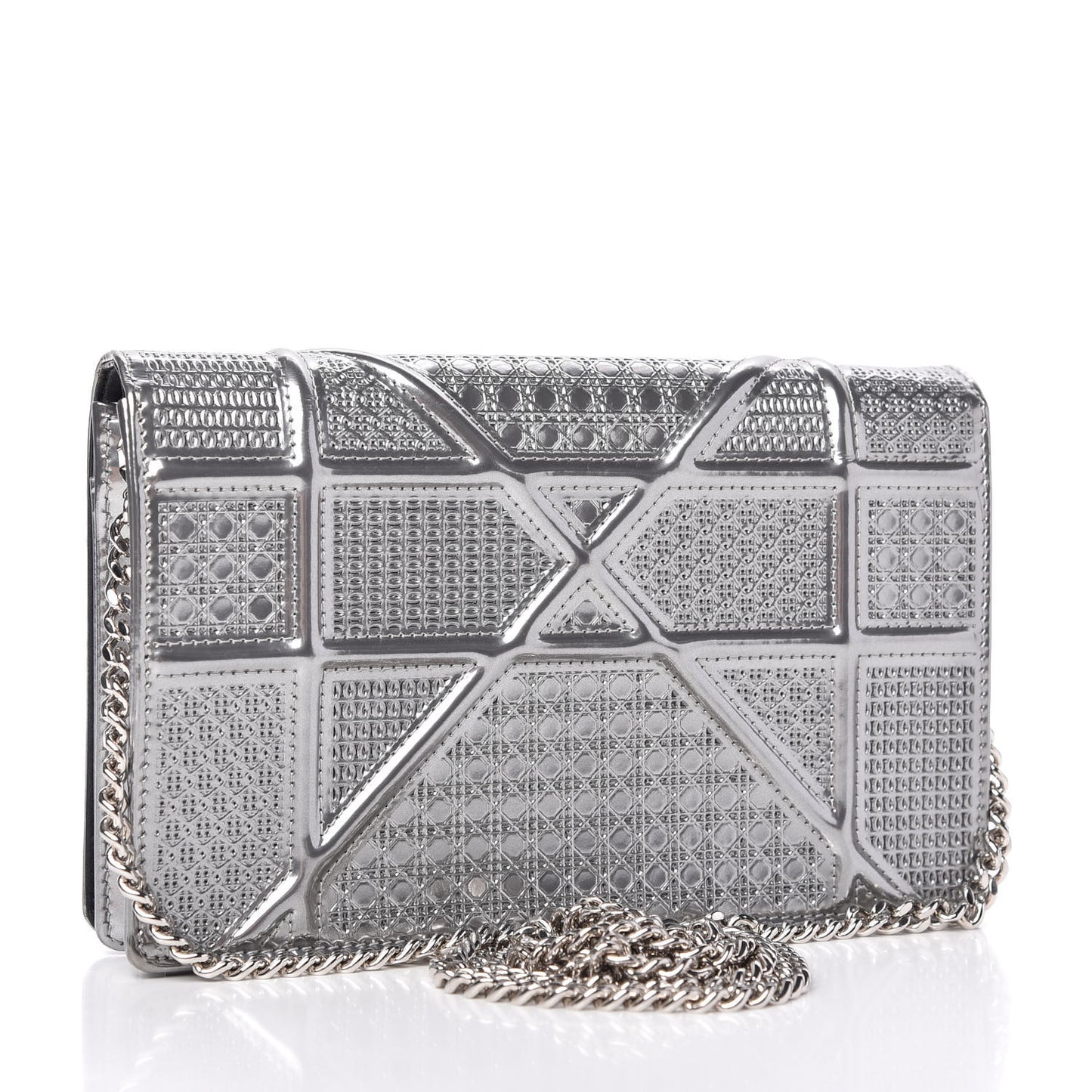 Metallic Patent Micro-Cannage Diorama Wallet on Chain Pouch Silver