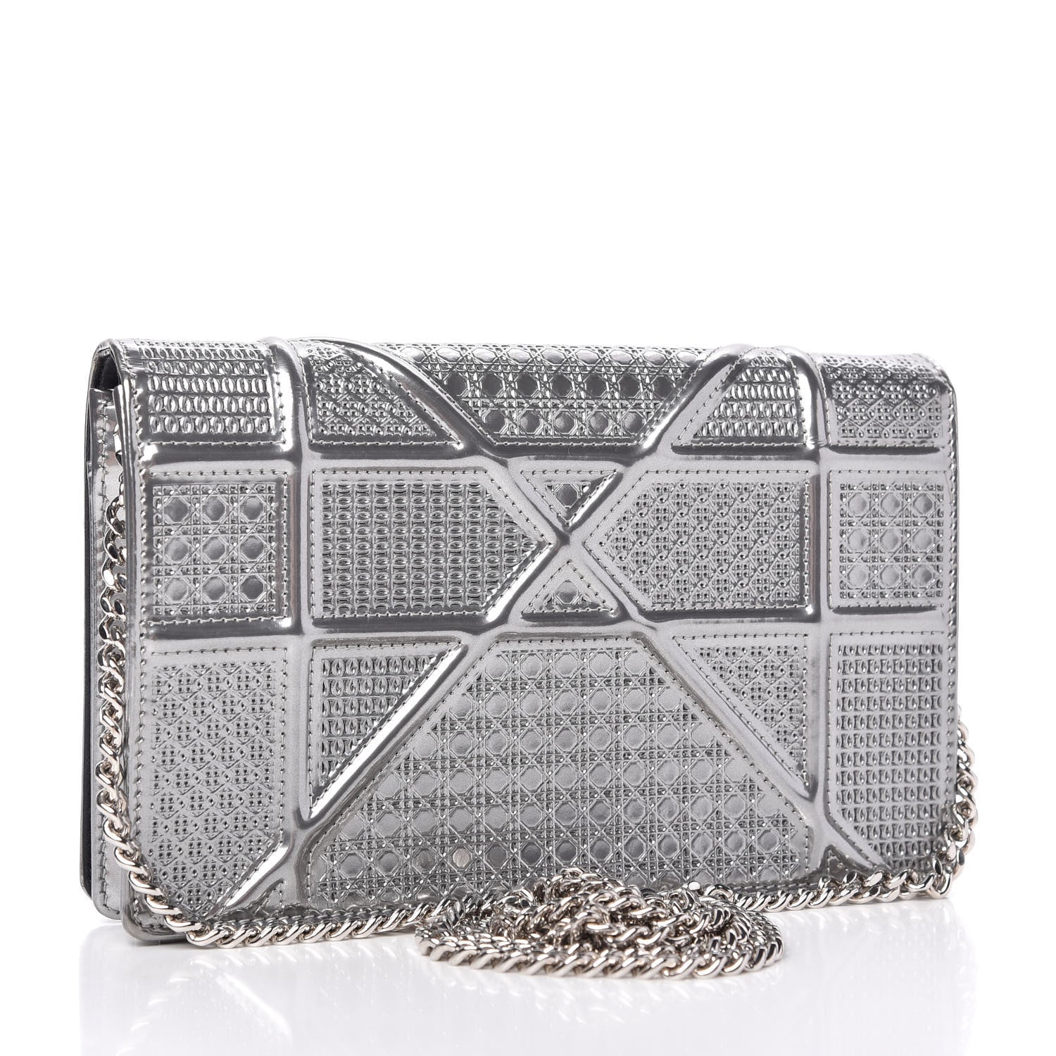 Christian Dior Metallic Patent Micro-Cannage Diorama Wallet on Chain Pouch Silver 3 of 11