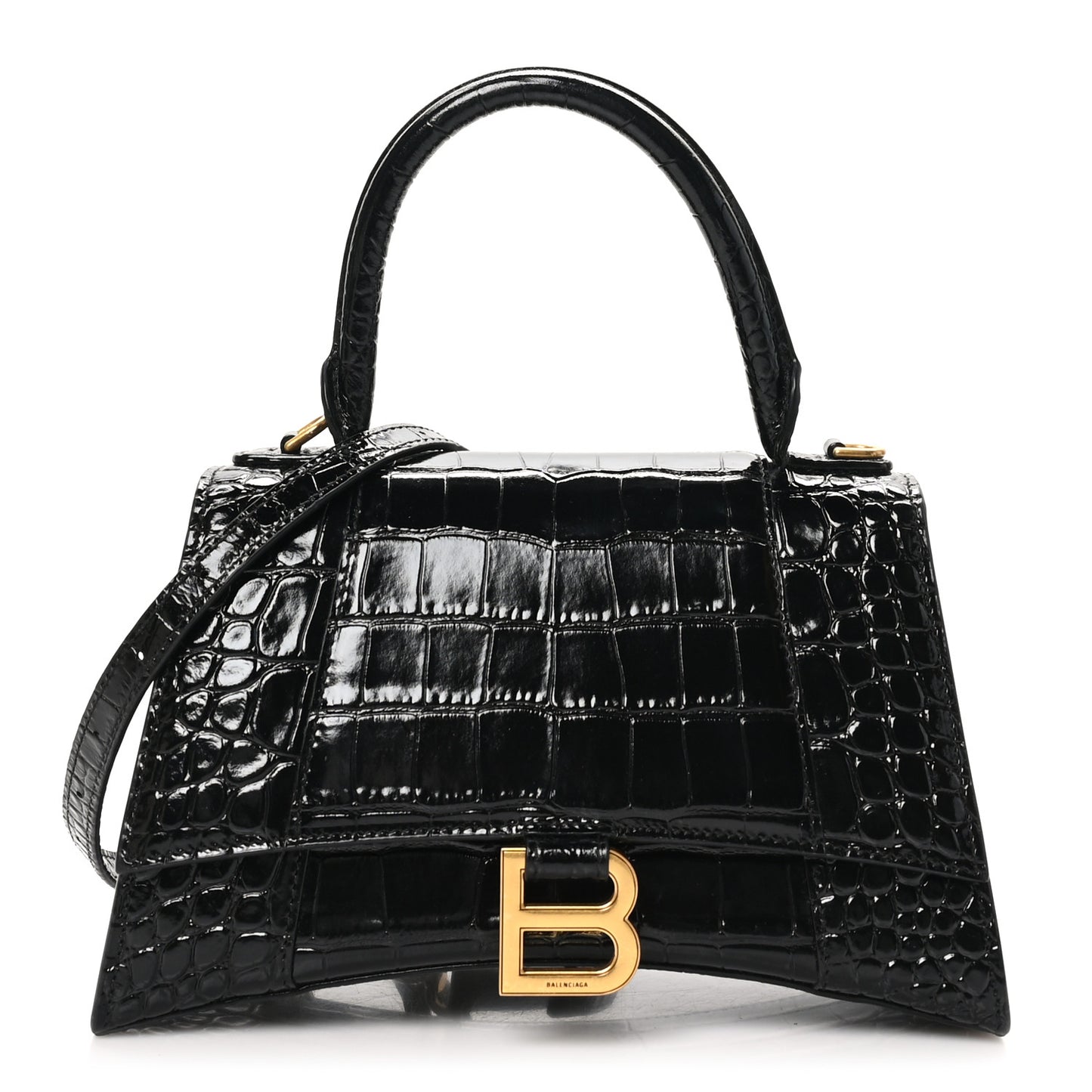 Shiny Calfskin Crocodile Embossed Small Hourglass Top Handle Bag Black